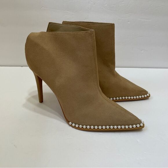 NEW WITHOUT TAGS KARL LAGERFELD CYRON STILETTO BOOTIES IN TAN SUEDE LEATHER - Picture 1 of 7